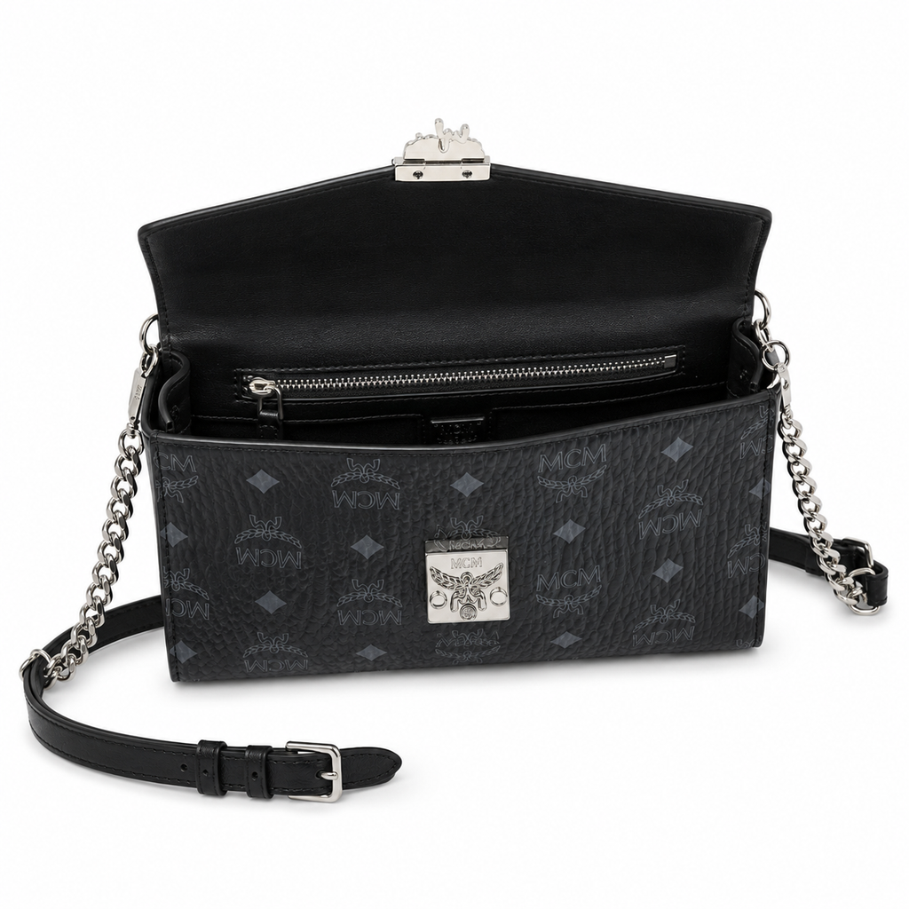MCM Millie Visetos Series Black Medium Envelope Chain Bag