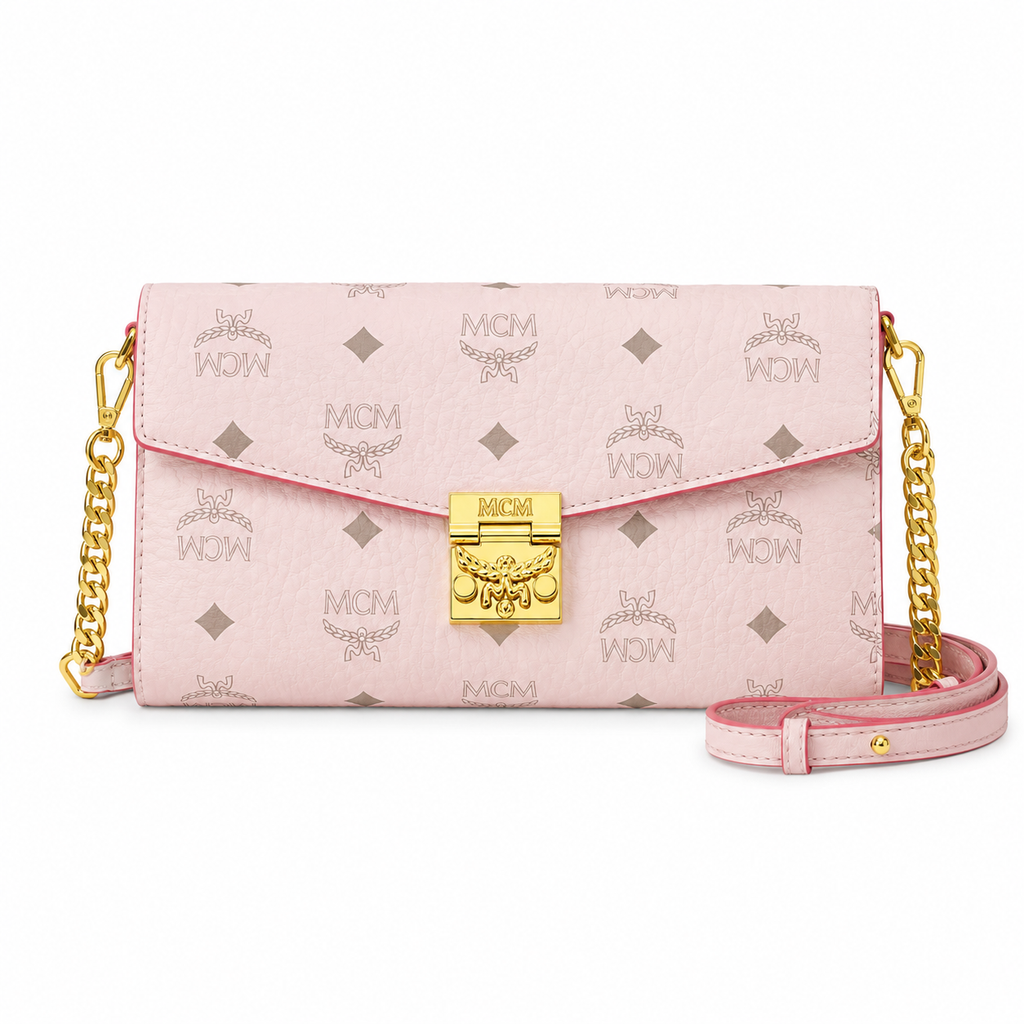 MCM Millie Visetos Series Medium Flap Chain Bag in Soft Pink