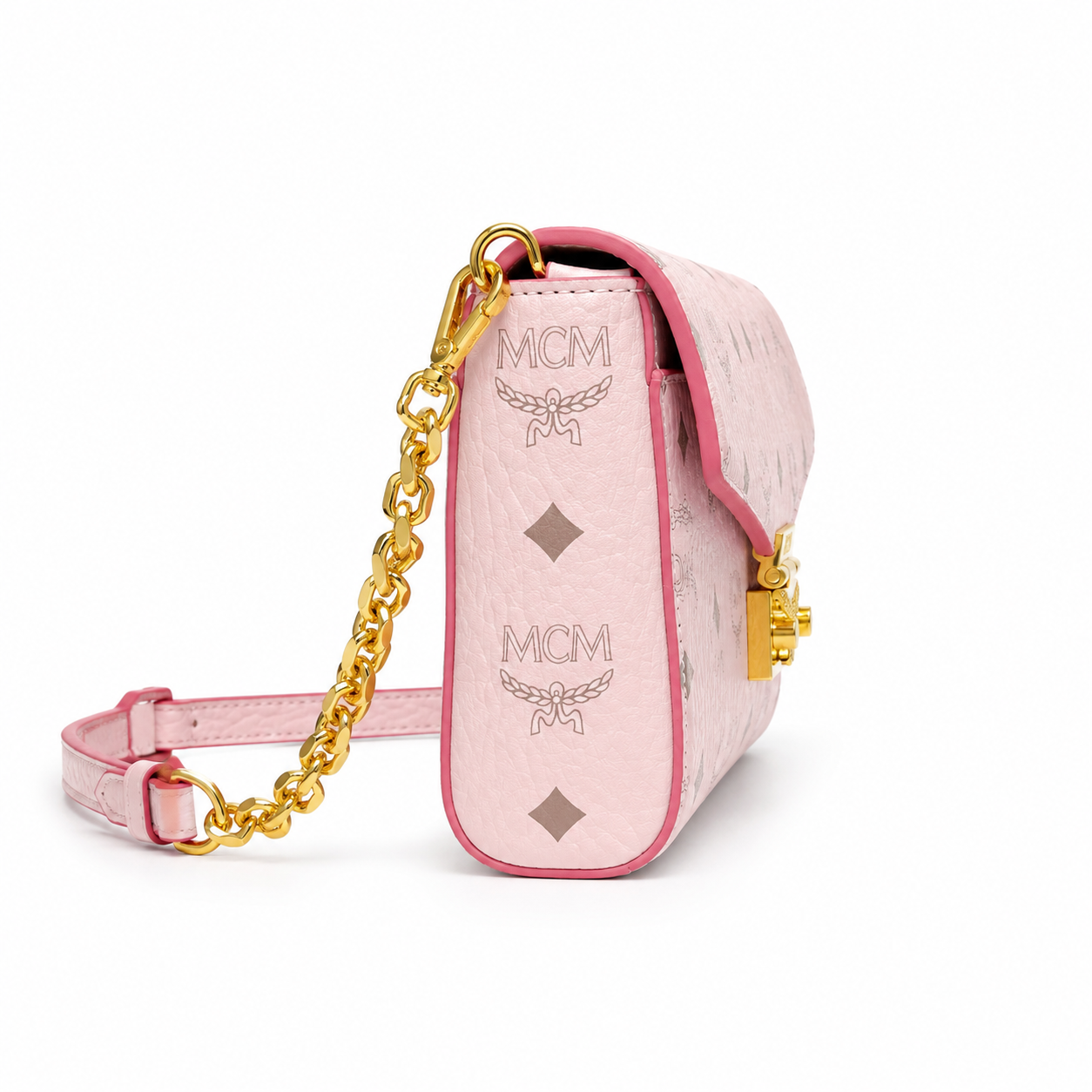 MCM Millie Visetos Series Medium Flap Chain Bag in Soft Pink