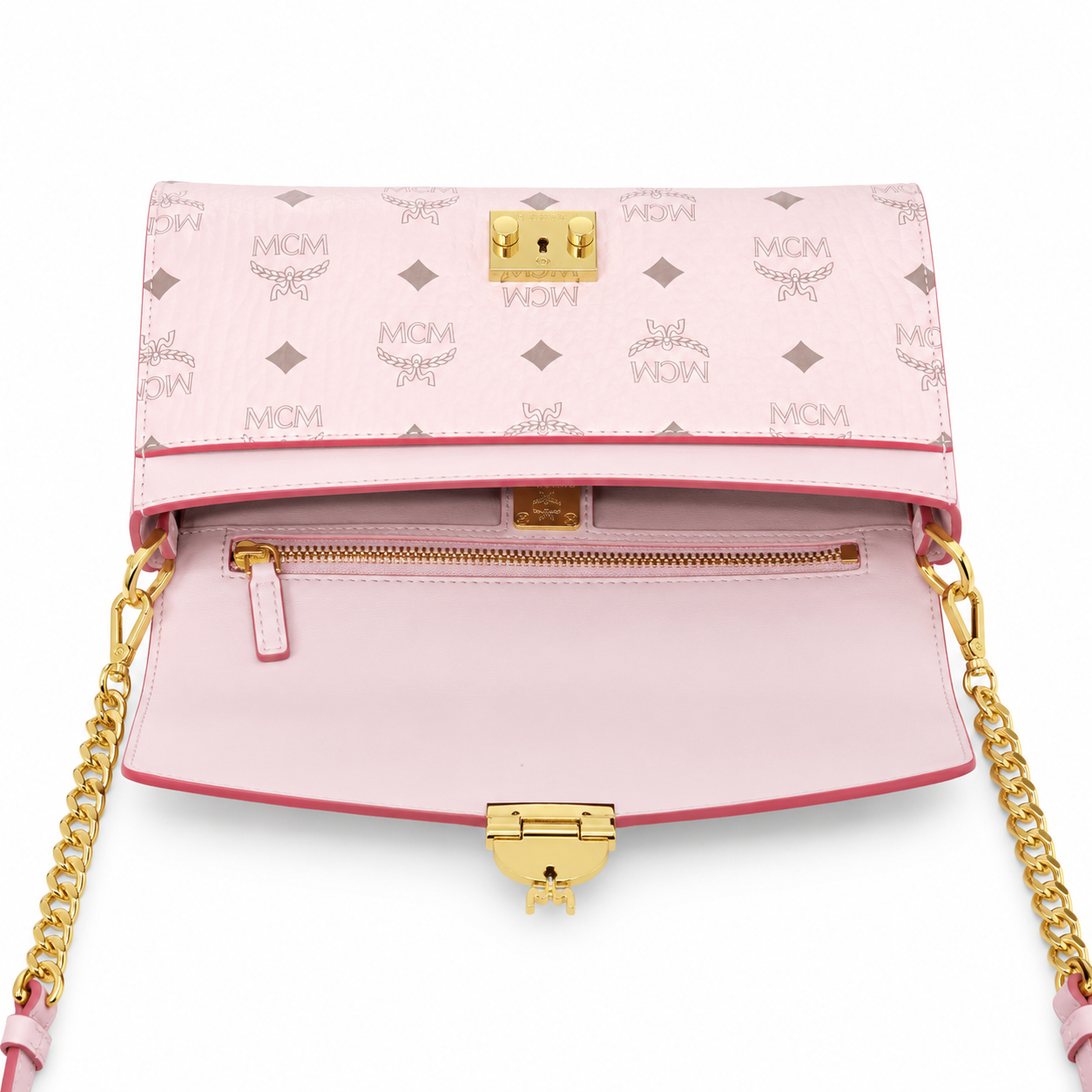 MCM Millie Visetos Series Small Flap Chain Bag in Soft Pink