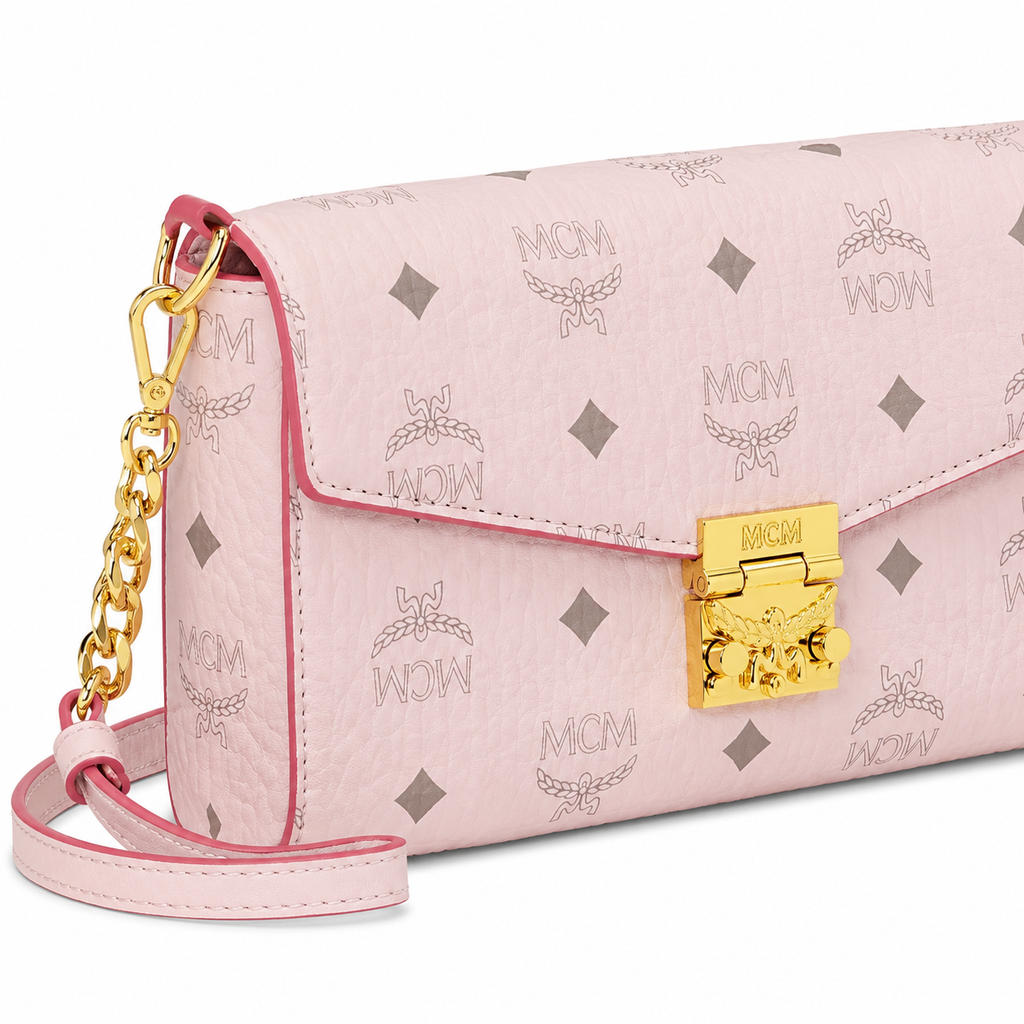MCM Millie Visetos Series Small Flap Chain Bag in Soft Pink