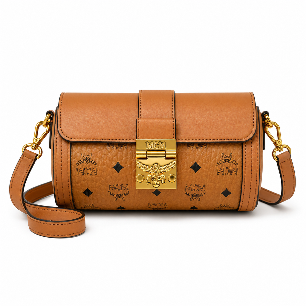 MCM Tracy Visetos Series Cognac Cylindrical Crossbody Bag