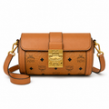 MCM Tracy Visetos Series Cognac Cylindrical Crossbody Bag