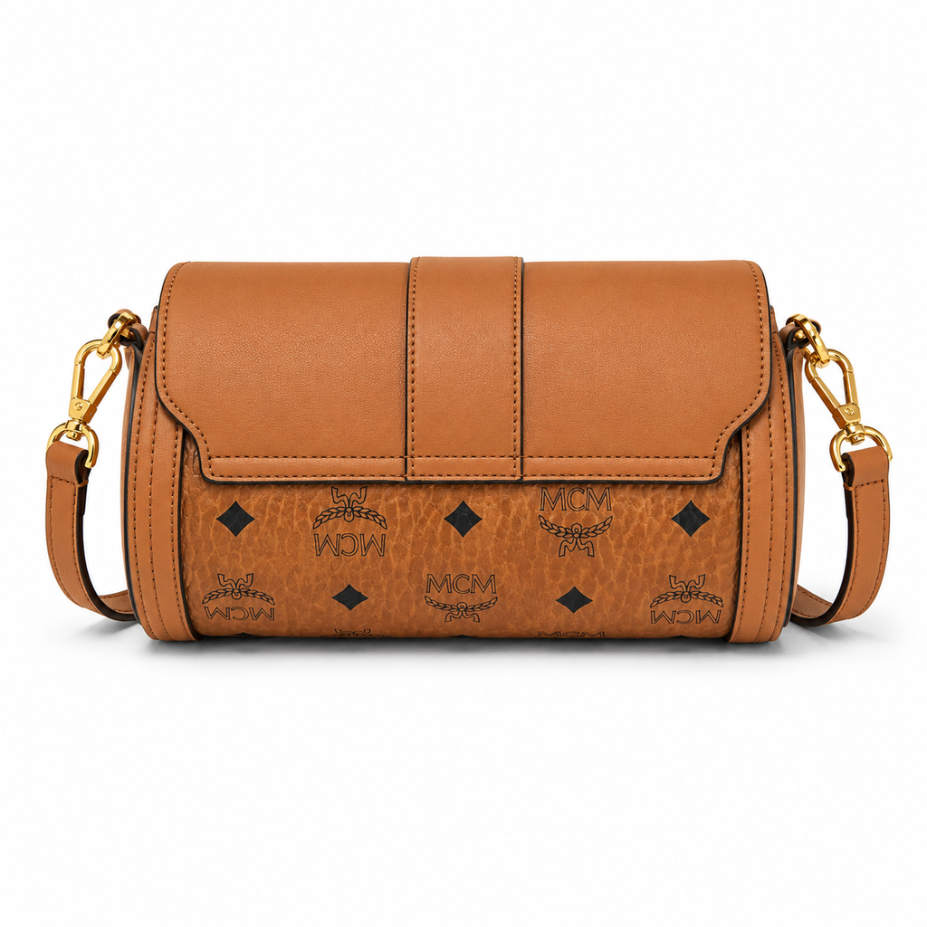 MCM Tracy Visetos Series Cognac Cylindrical Crossbody Bag