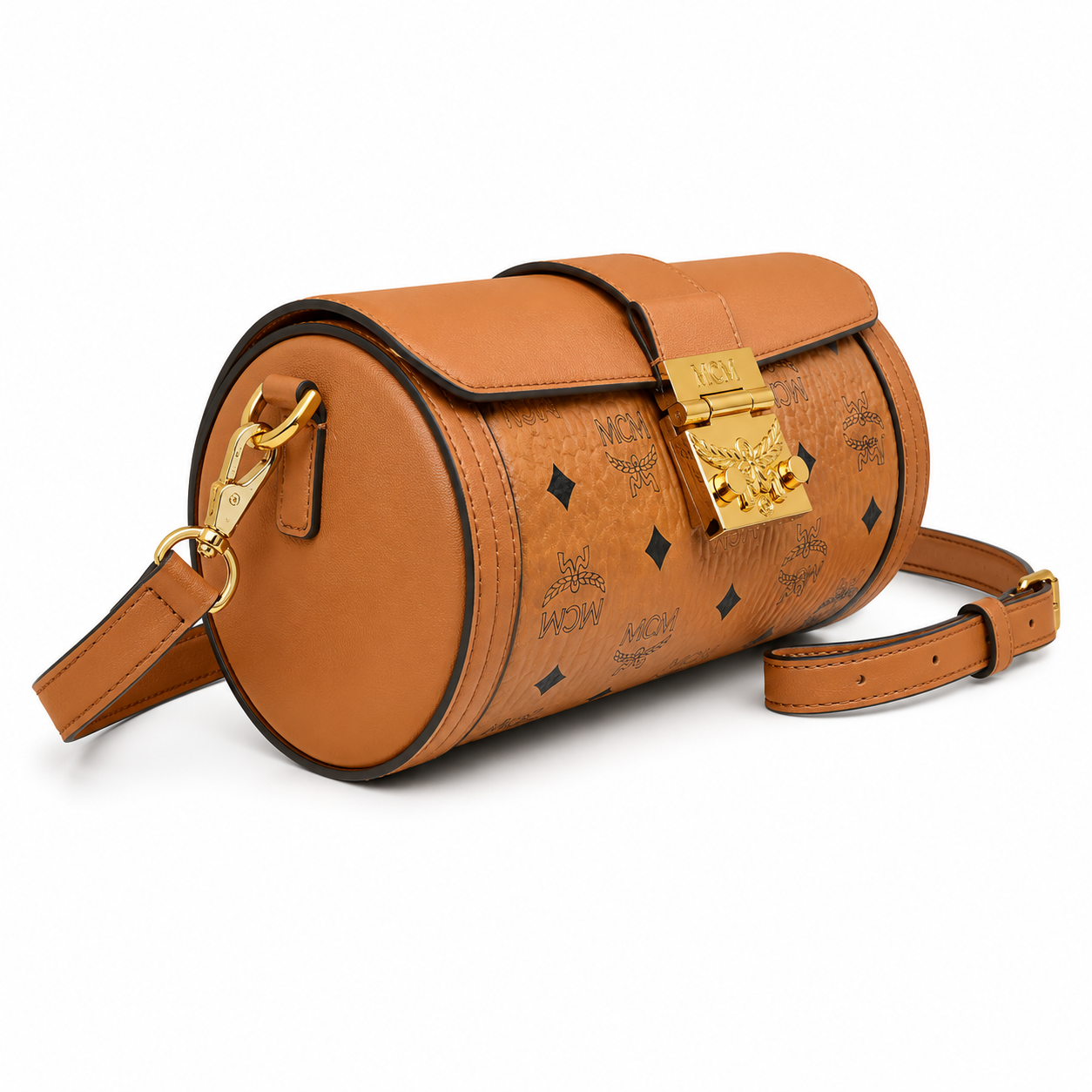 MCM Tracy Visetos Series Cognac Cylindrical Crossbody Bag