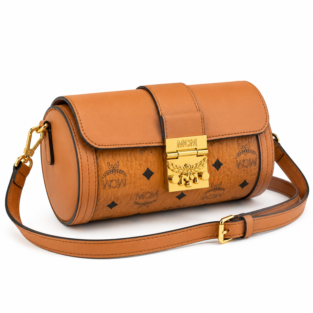MCM Tracy Visetos Series Cognac Cylindrical Crossbody Bag