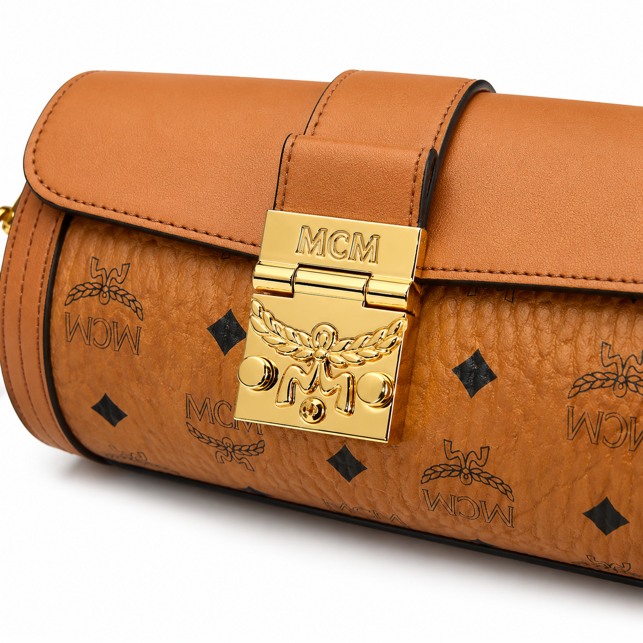 MCM Tracy Visetos Series Cognac Cylindrical Crossbody Bag