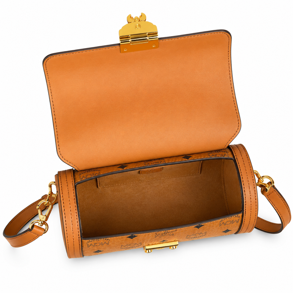 MCM Tracy Visetos Series Cognac Cylindrical Crossbody Bag