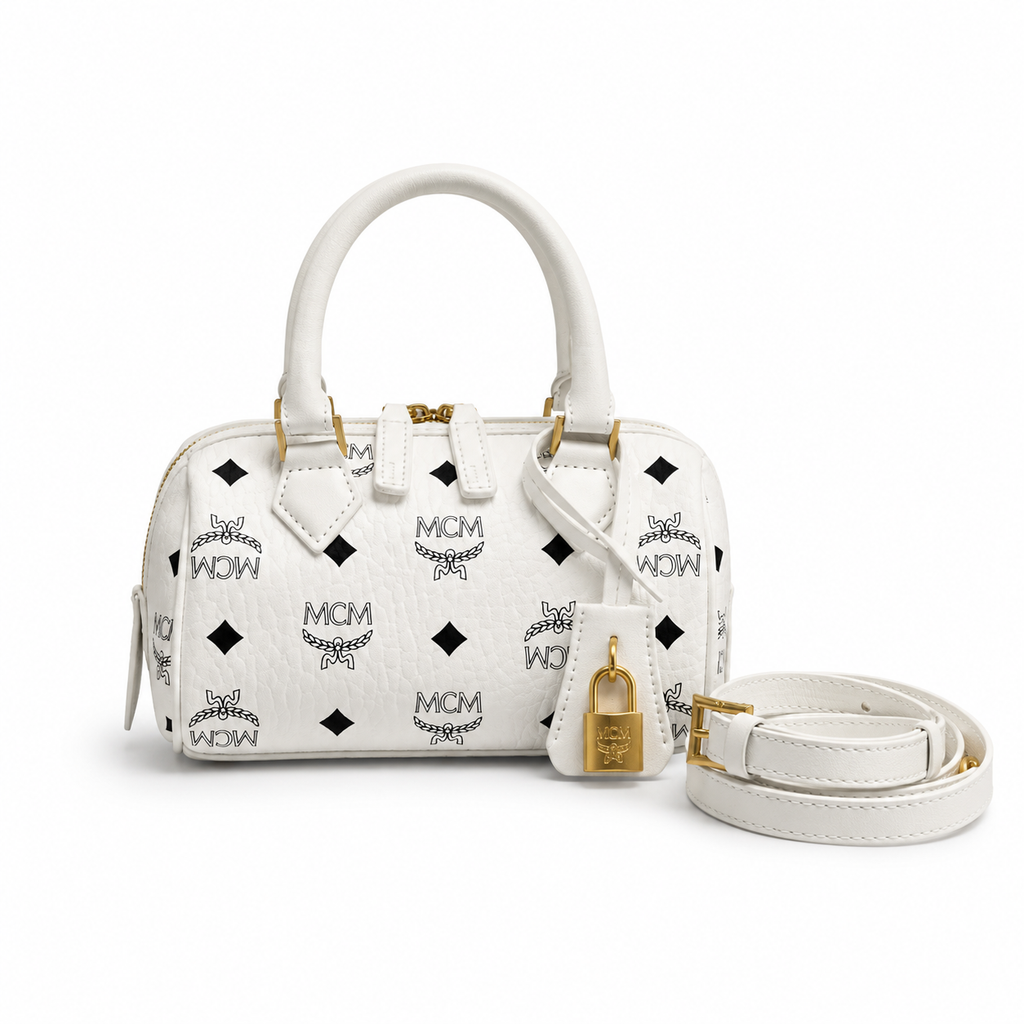 MCM Ella Visetos Series White Mini Boston Bag
