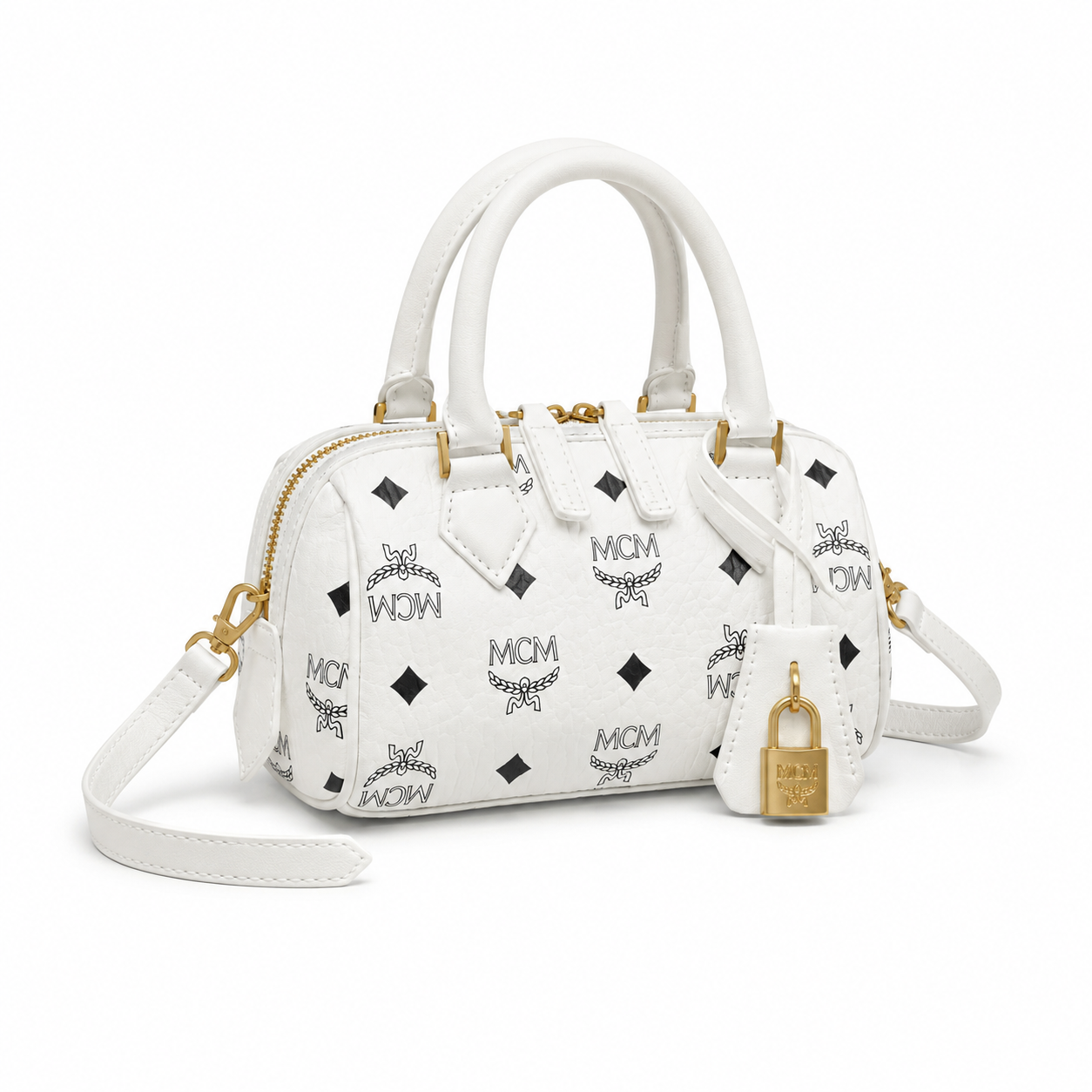 MCM Ella Visetos Series White Mini Boston Bag