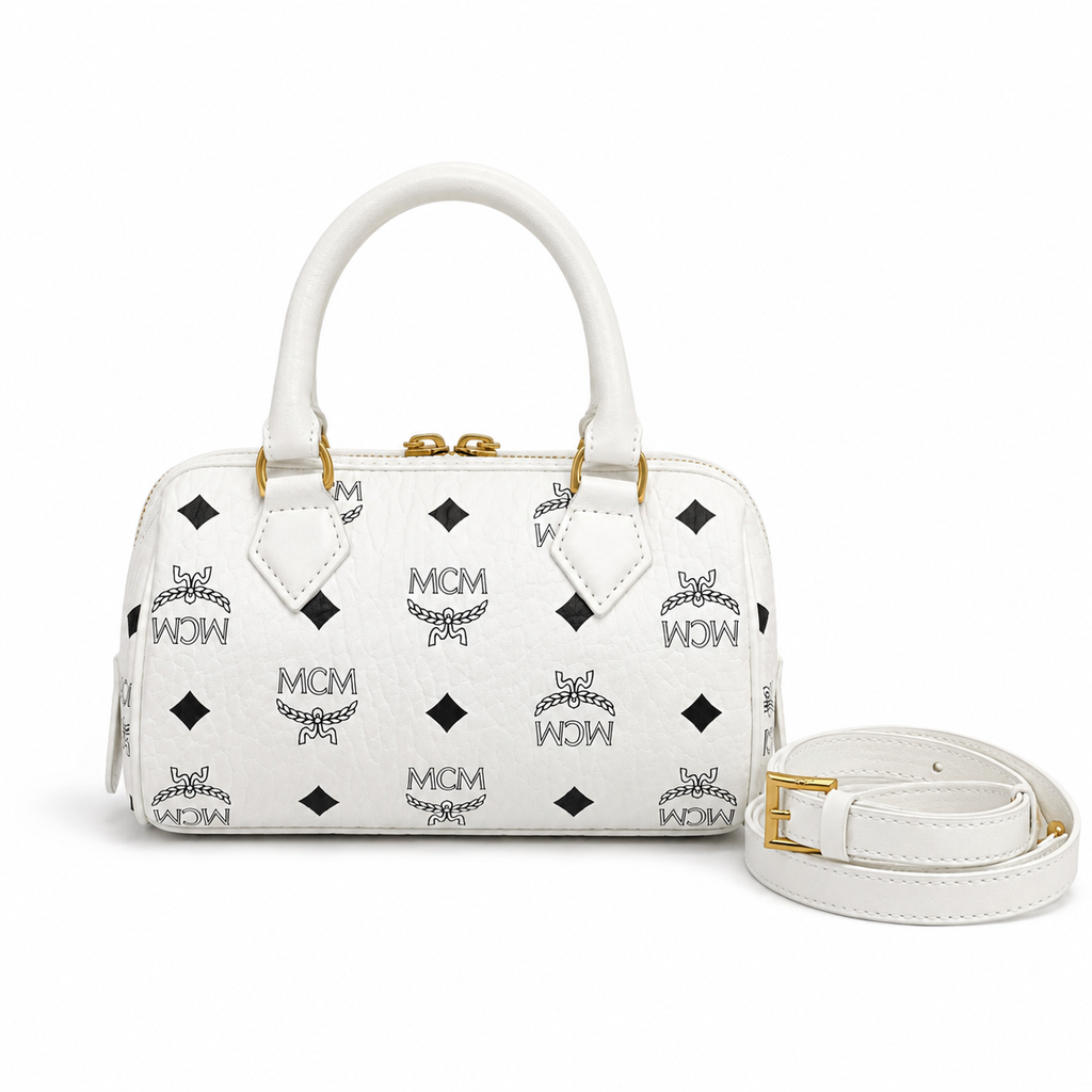 MCM Ella Visetos Series White Mini Boston Bag