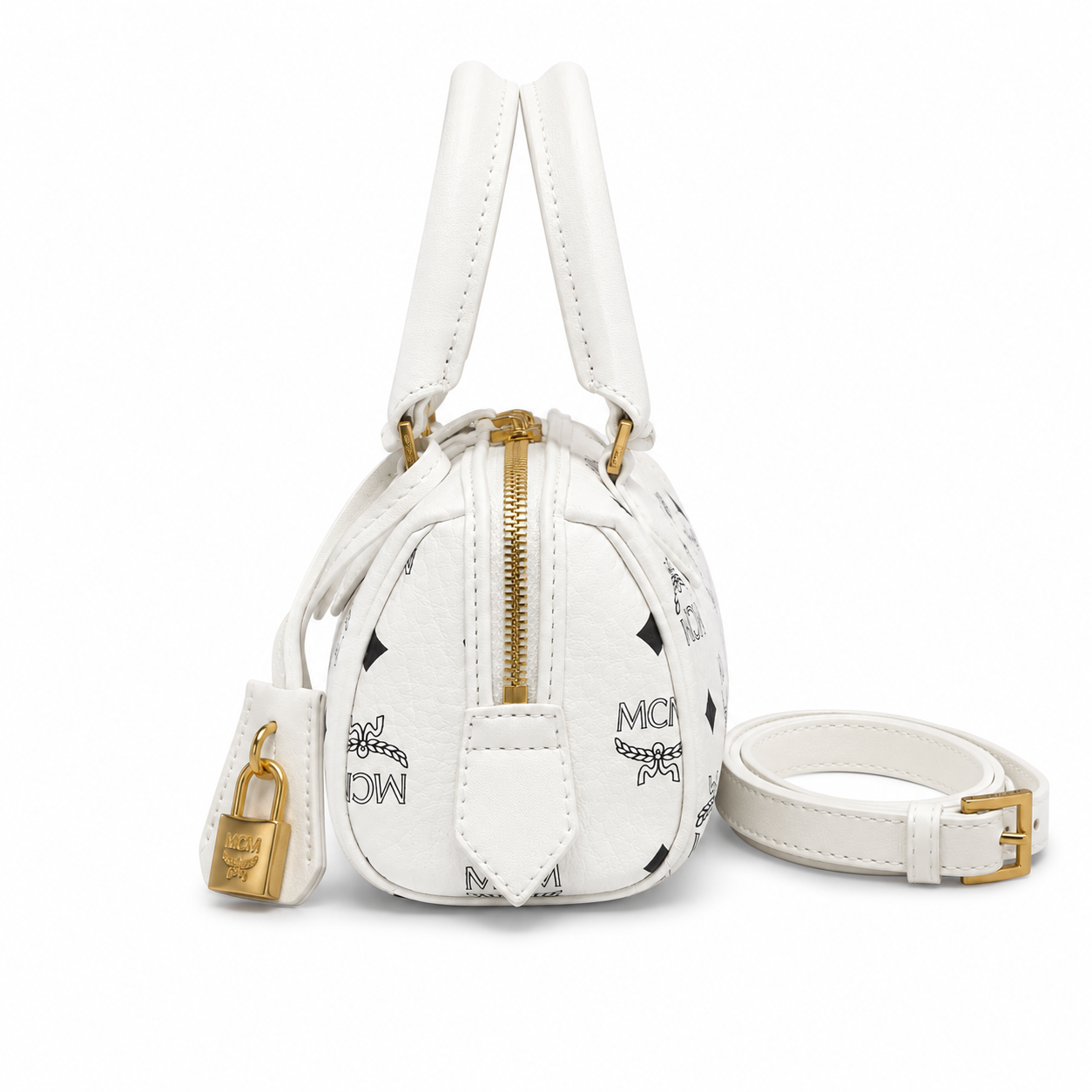MCM Ella Visetos Series White Mini Boston Bag