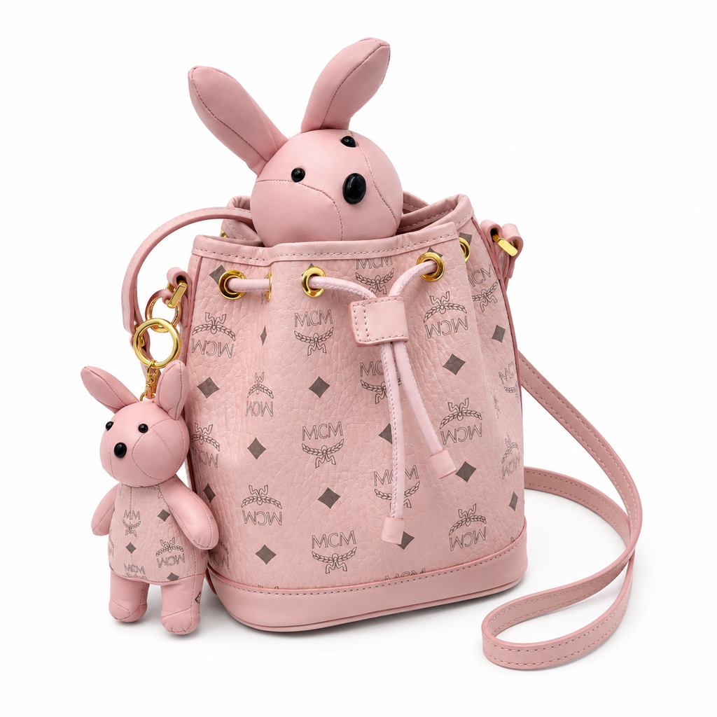 MCM Visetos Series Pink Rabbit Drawstring Bucket Bag