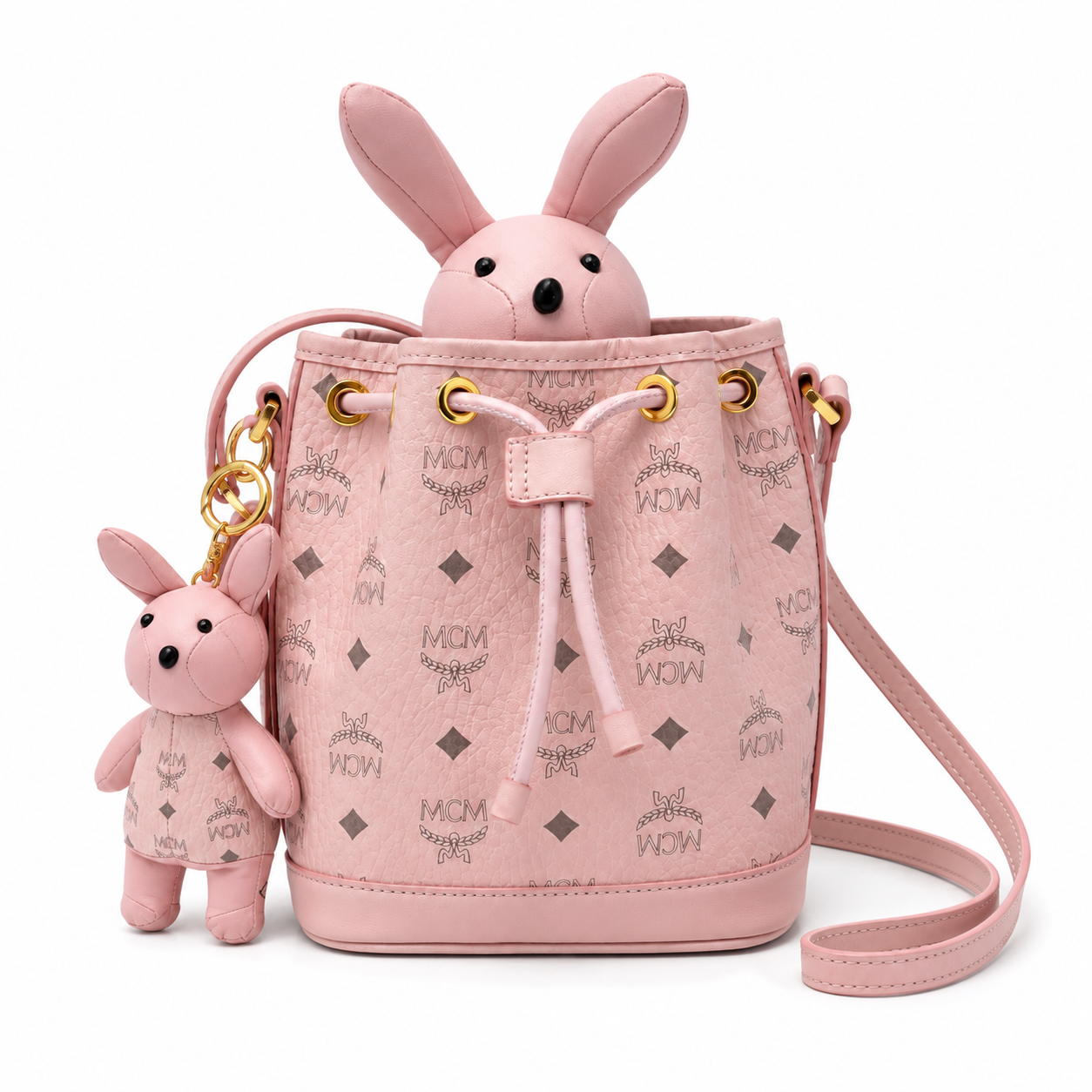 MCM Visetos Series Pink Rabbit Drawstring Bucket Bag
