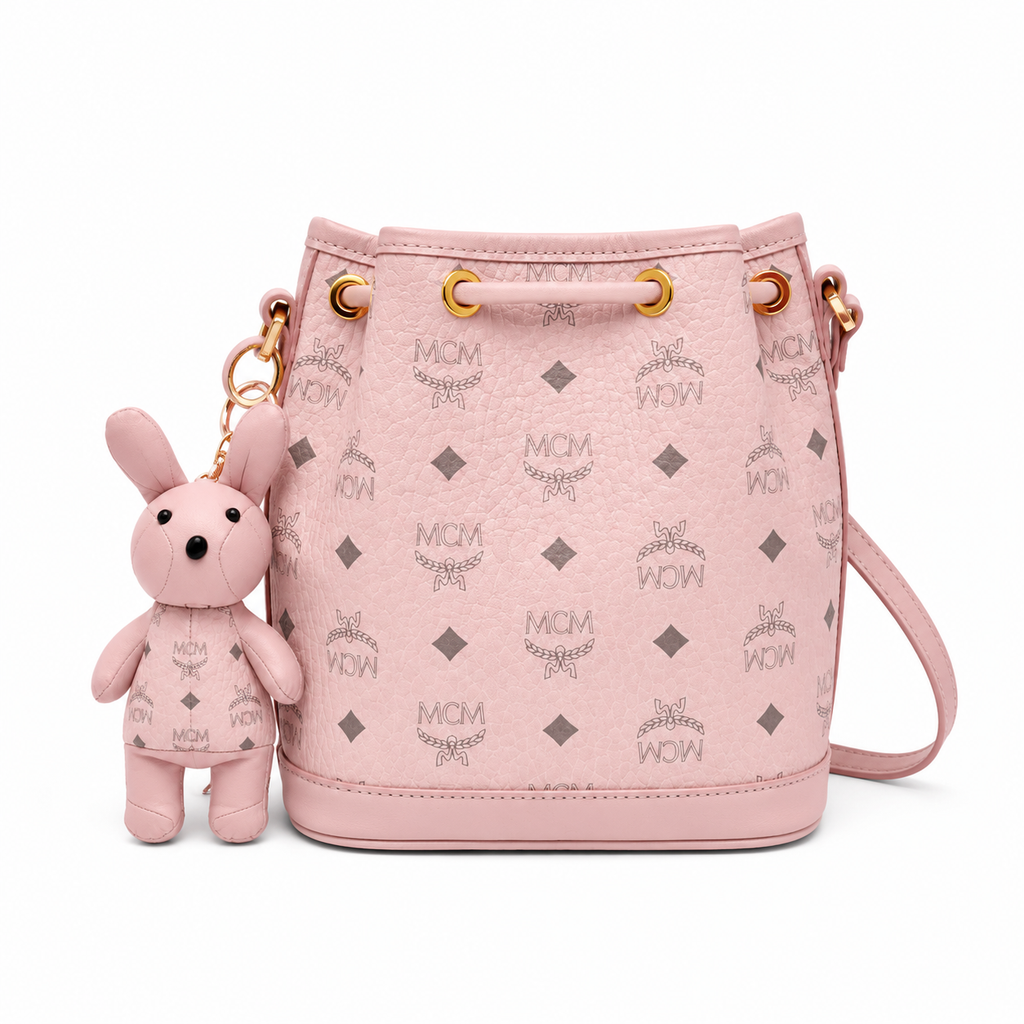 MCM Visetos Series Pink Rabbit Drawstring Bucket Bag