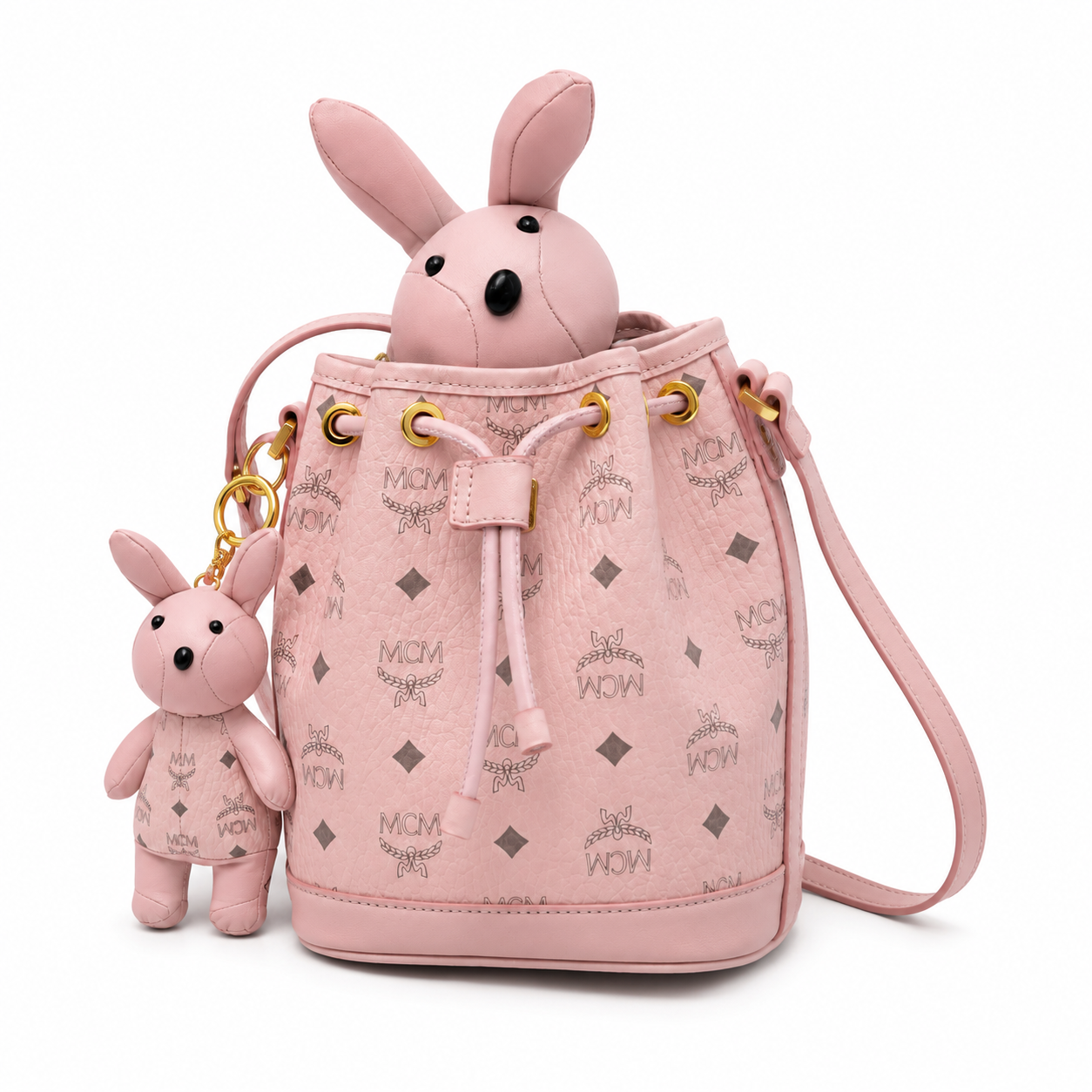 MCM Visetos Series Pink Rabbit Drawstring Bucket Bag