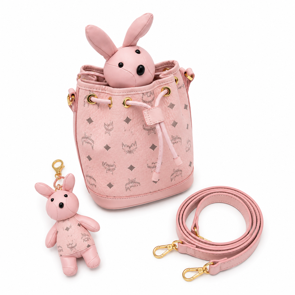 MCM Visetos Series Pink Rabbit Drawstring Bucket Bag