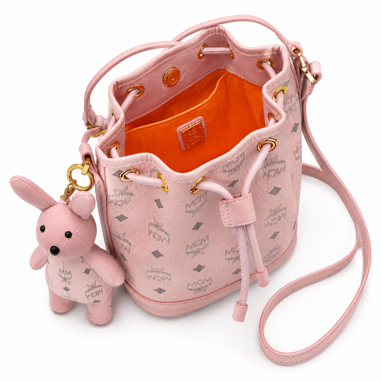 MCM Visetos Series Pink Rabbit Drawstring Bucket Bag