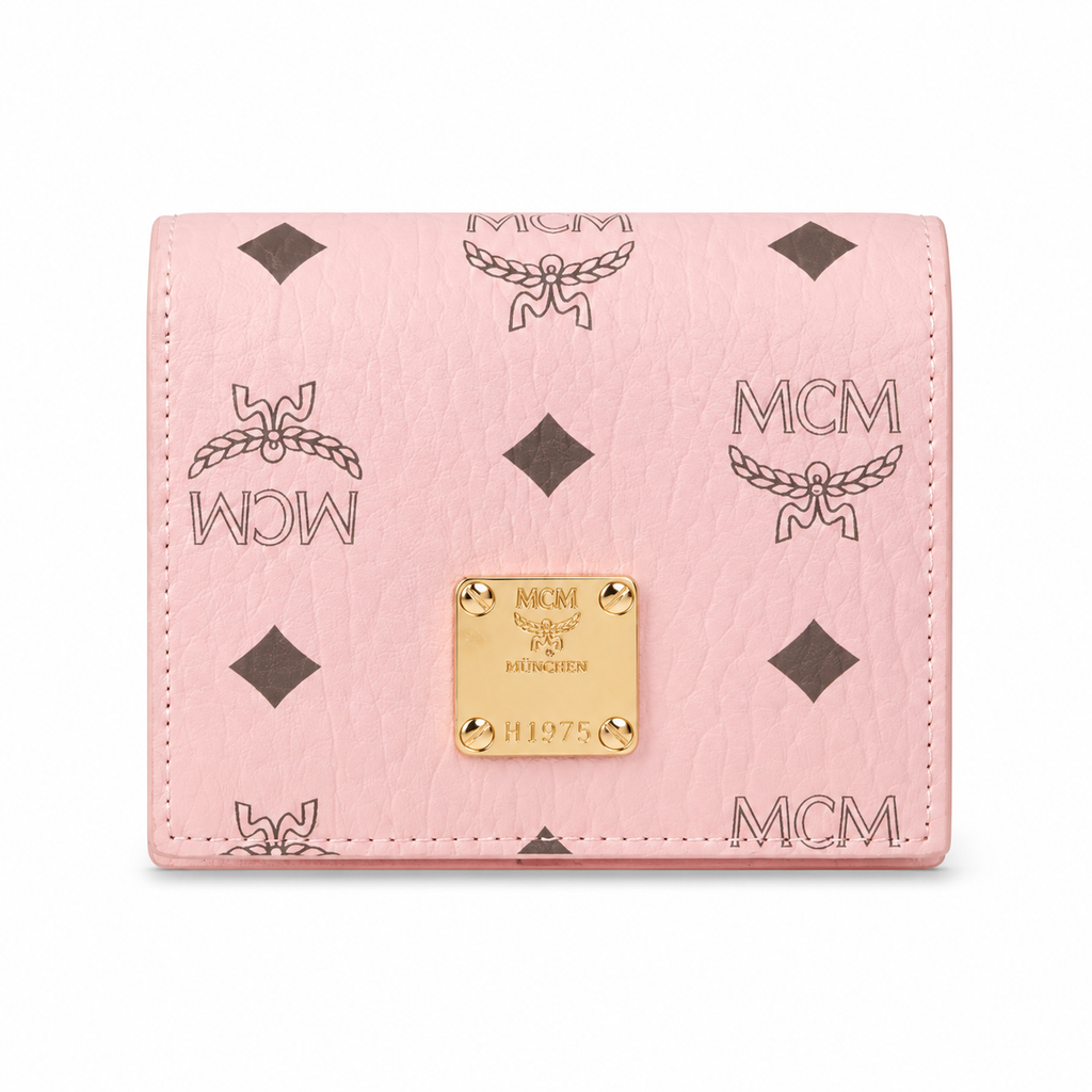 MCM Patricia Pink Leather Bifold Wallet with Gold Plaque – 11x8.5cm