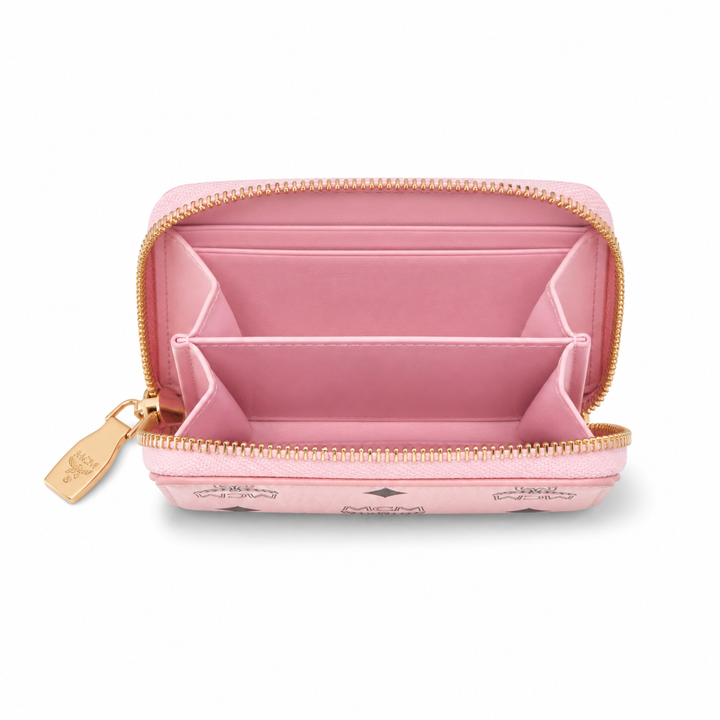 MCM Visetos Original Pink Mini Zip Wallet