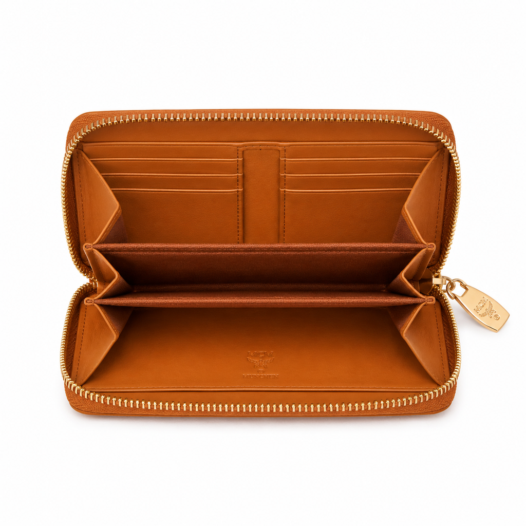 MCM Visetos Original Mini Zip Wallet – Cognac