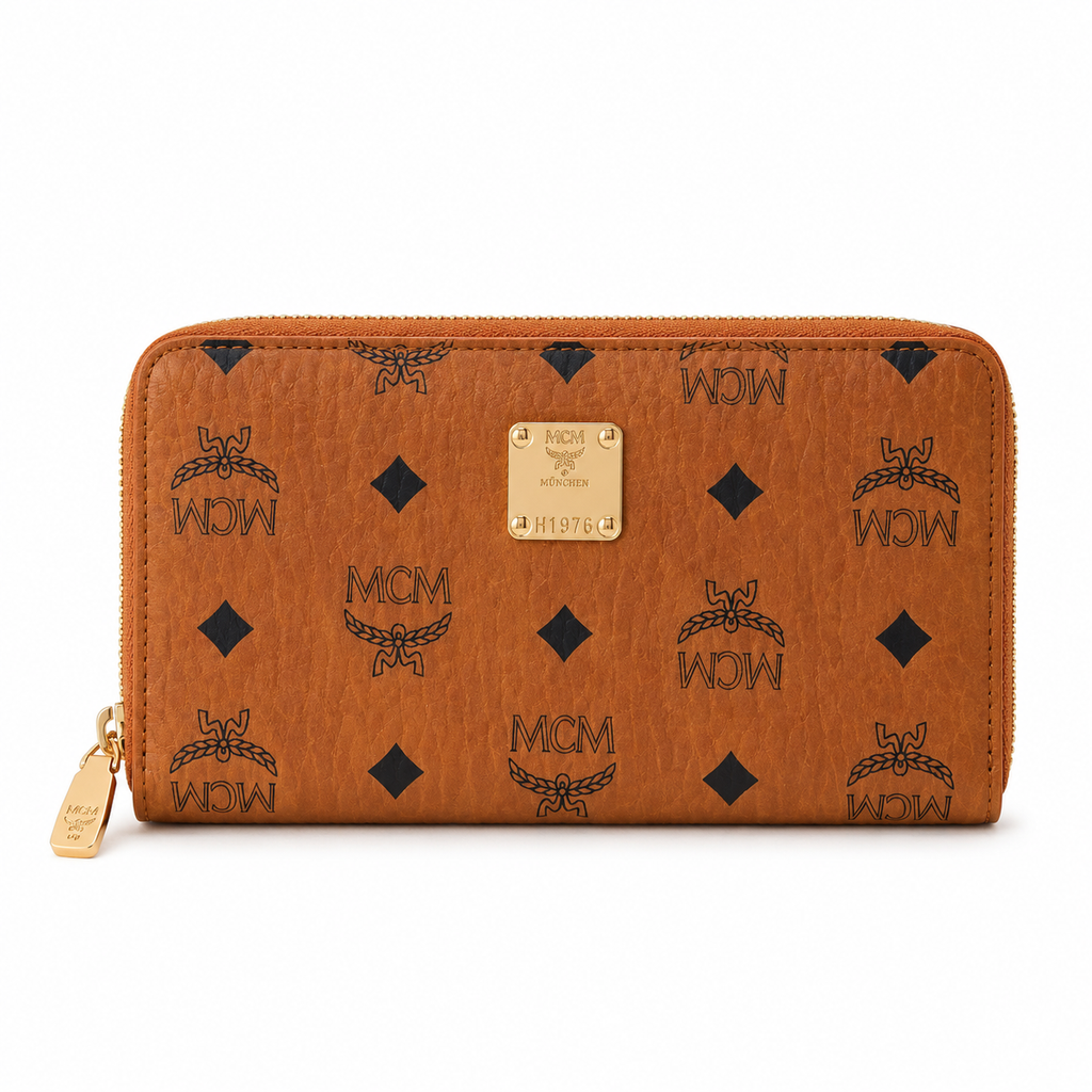 MCM Visetos Original Long Zip-Around Wallet in Cognac