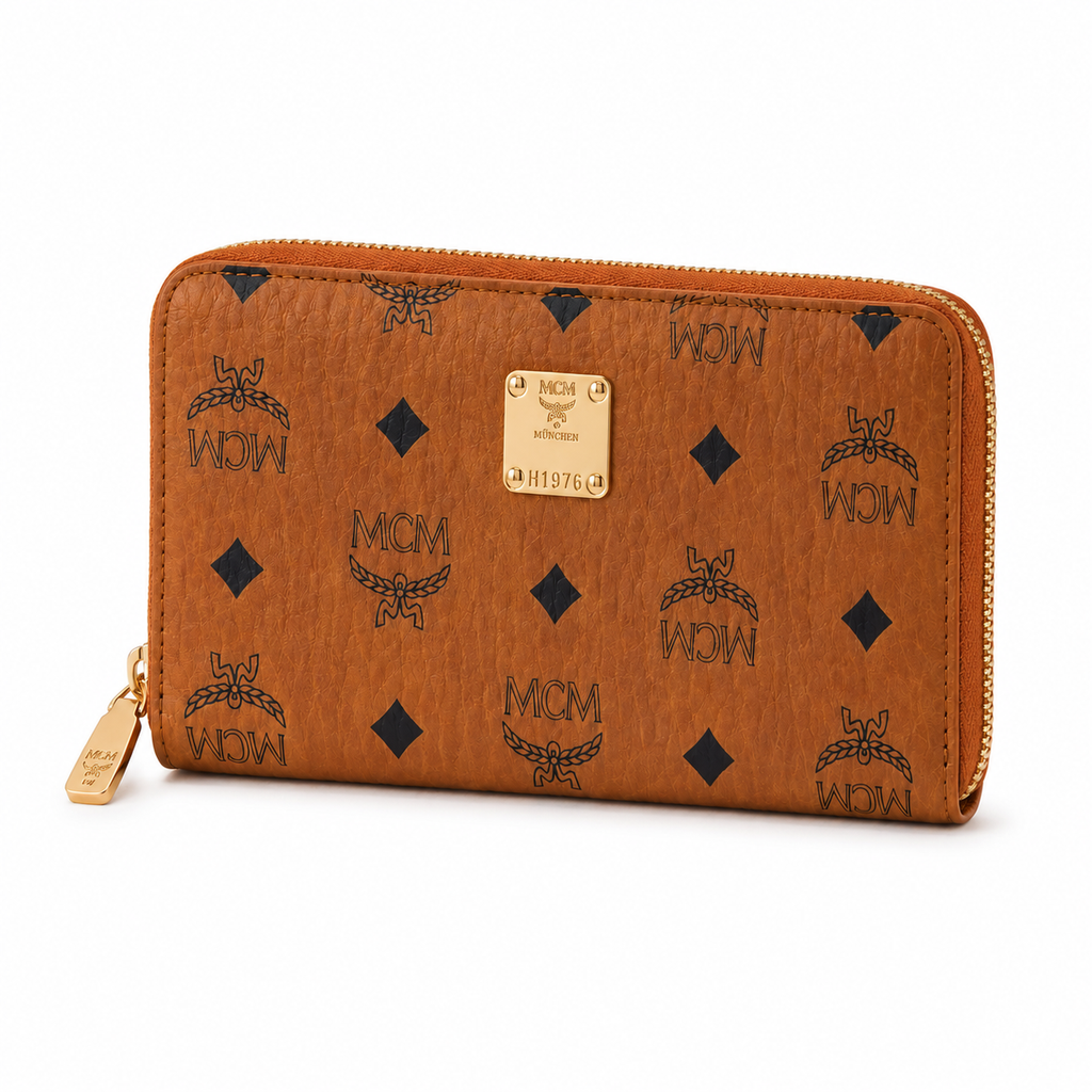 MCM Visetos Original Long Zip-Around Wallet in Cognac