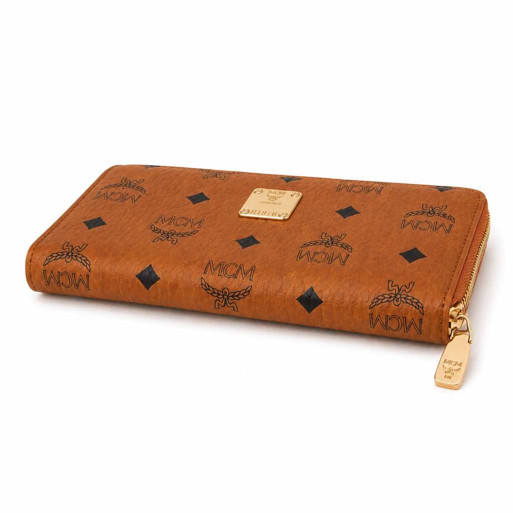 MCM Visetos Original Long Zip-Around Wallet in Cognac