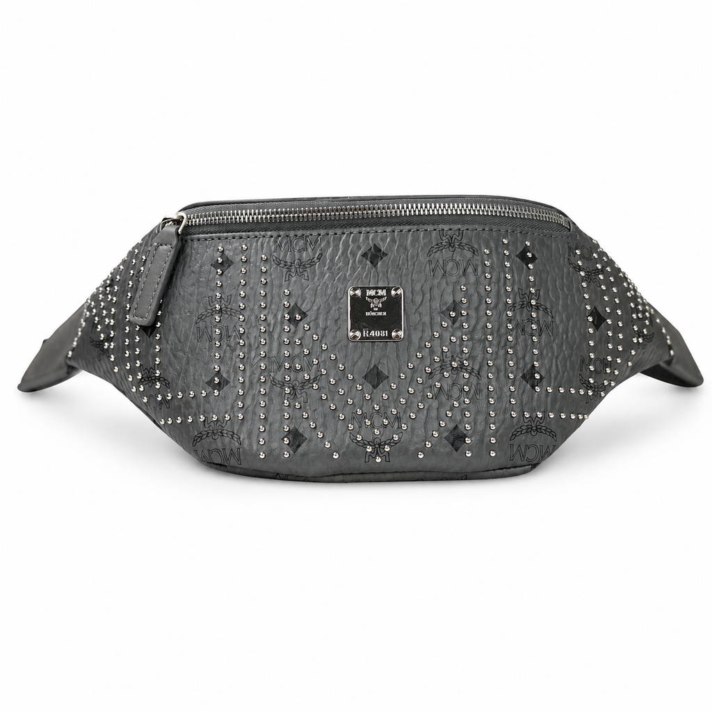 MCM Stark Grey Visetos Studded Belt Bag / Chest Bag – 32.5x14cm, Silver Studs & Adjustable Leather Strap