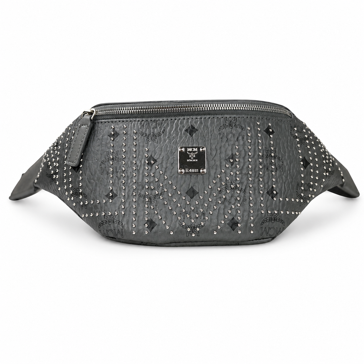 MCM Stark Grey Visetos Studded Belt Bag / Chest Bag – 32.5x14cm, Silver Studs & Adjustable Leather Strap