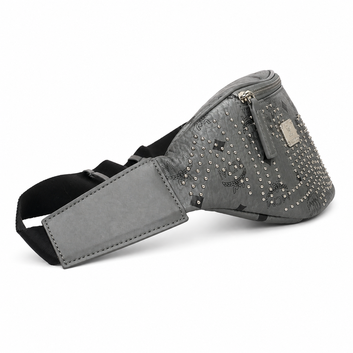 MCM Stark Grey Visetos Studded Belt Bag / Chest Bag – 32.5x14cm, Silver Studs & Adjustable Leather Strap