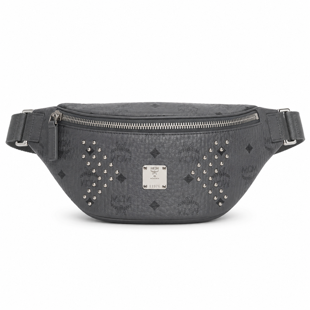 MCM Stark Grey Visetos Studded Belt Bag / Chest Bag – 32.5x14cm, Silver Studs & Adjustable Leather Strap