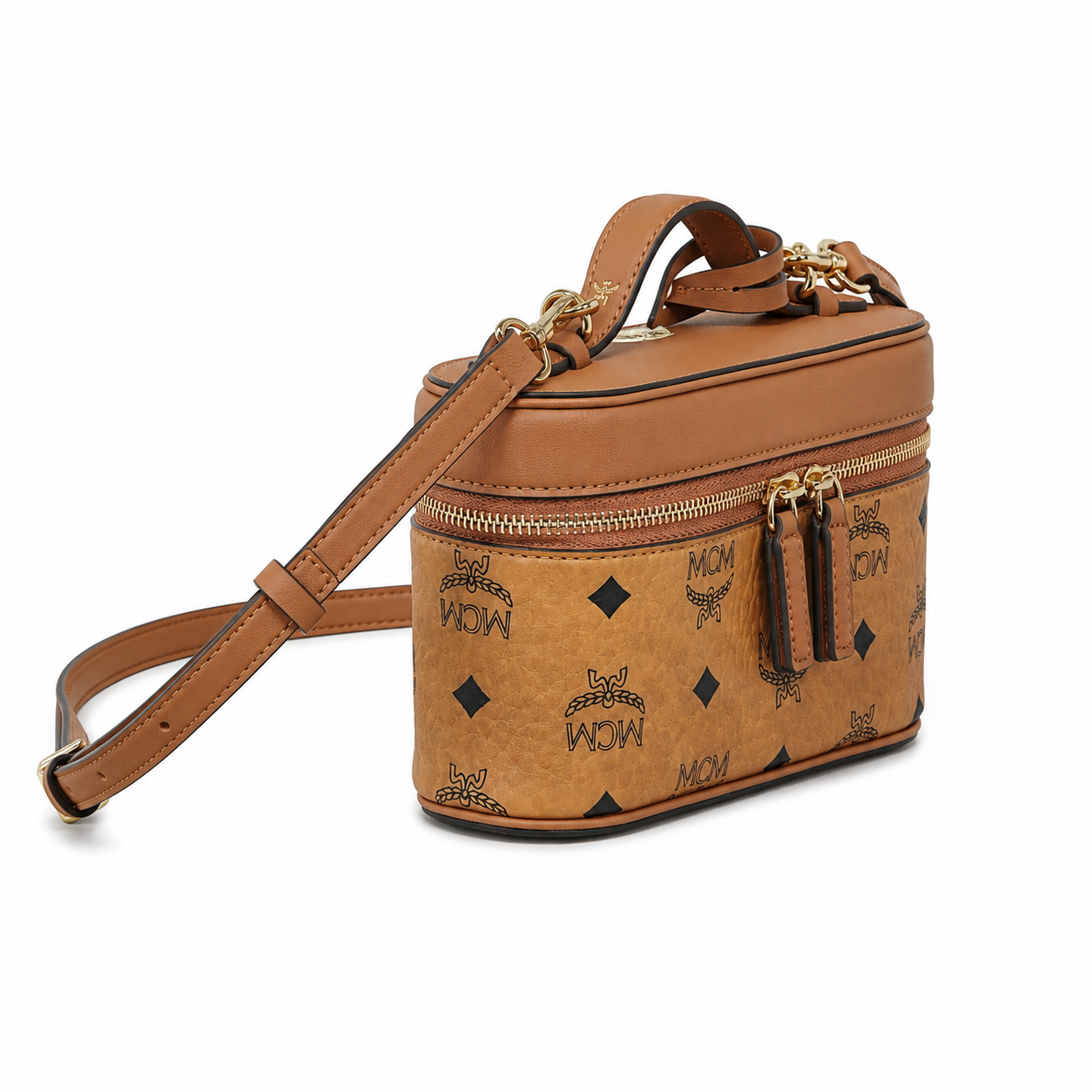 MCM Rockstar Vanity Case Mini Cosmetic Bag – Cognac Visetos with Gold-Tone Ring Charm
