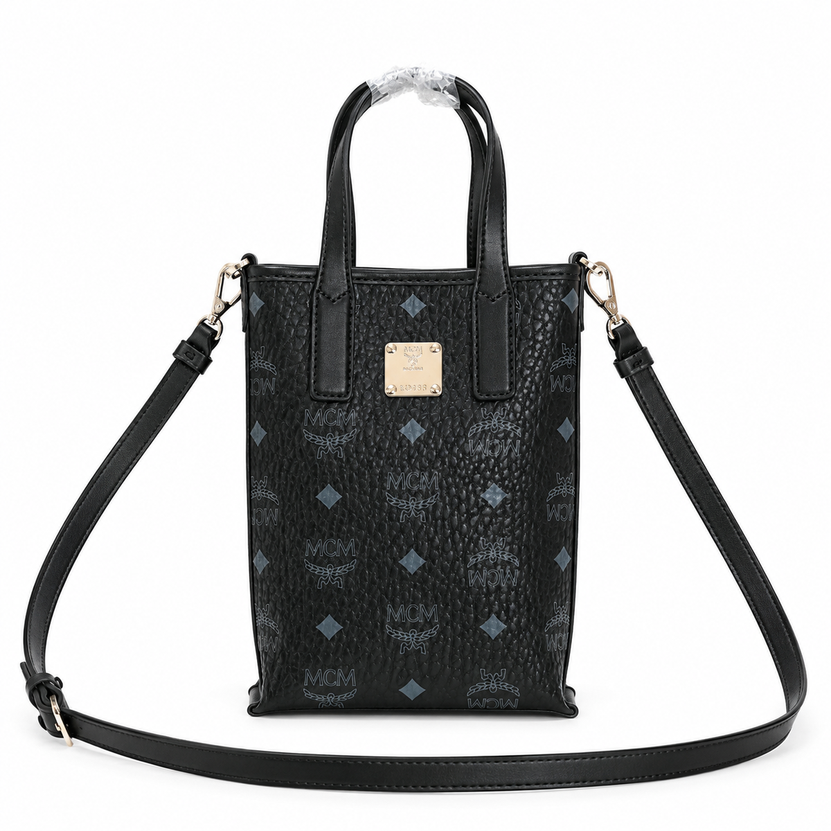 MCM Liz Visetos Mini Tote Bag – Black with Gold Plaque & Detachable Strap