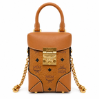 MCM Soft Berlin Visetos Mini Crossbody Bag – Cognac/Brown with Gold Chain & Leather Strap