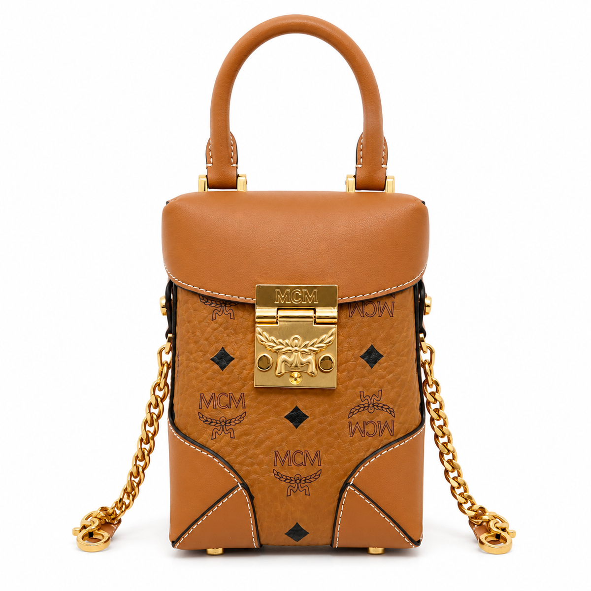 MCM Soft Berlin Visetos Mini Crossbody Bag – Cognac/Brown with Gold Chain & Leather Strap