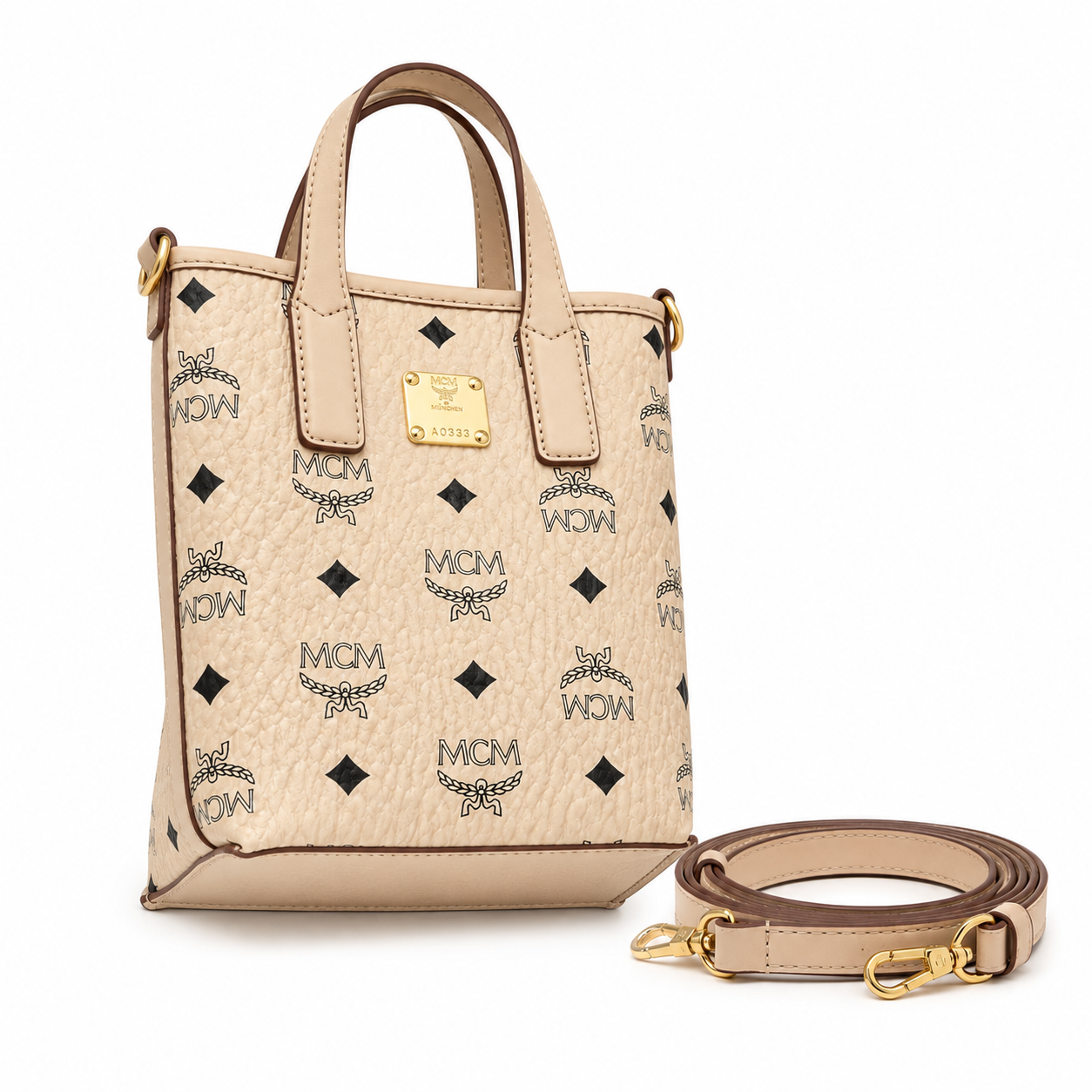 MCM Liz Visetos Mini Tote Bag – Beige/Cream with Gold Plaque & Detachable Strap