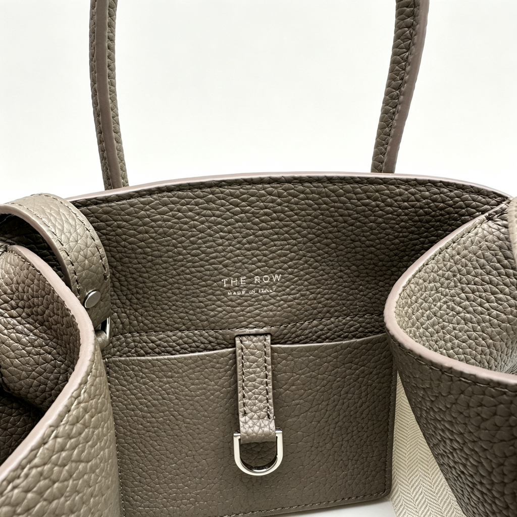 The Row Margaux 10 Mini Grained Leather Bag | 26cm Matte Calfskin Top Handle Tote | Stone Grey Margaux Handbag